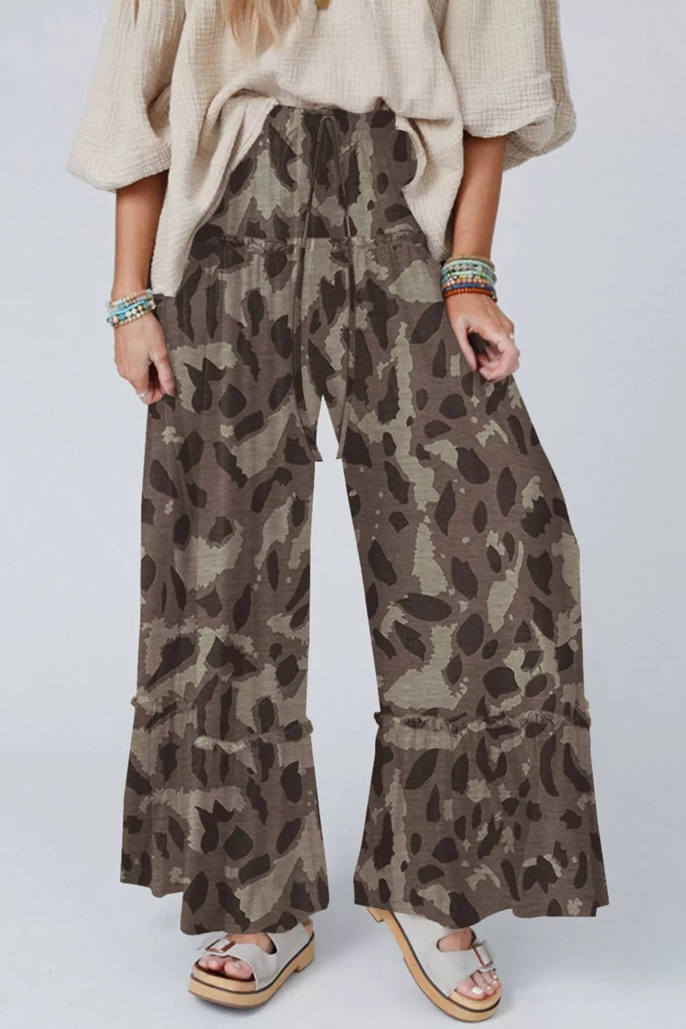 Chocolate Camo print wide-leg pants with drawstring and ruffled hem