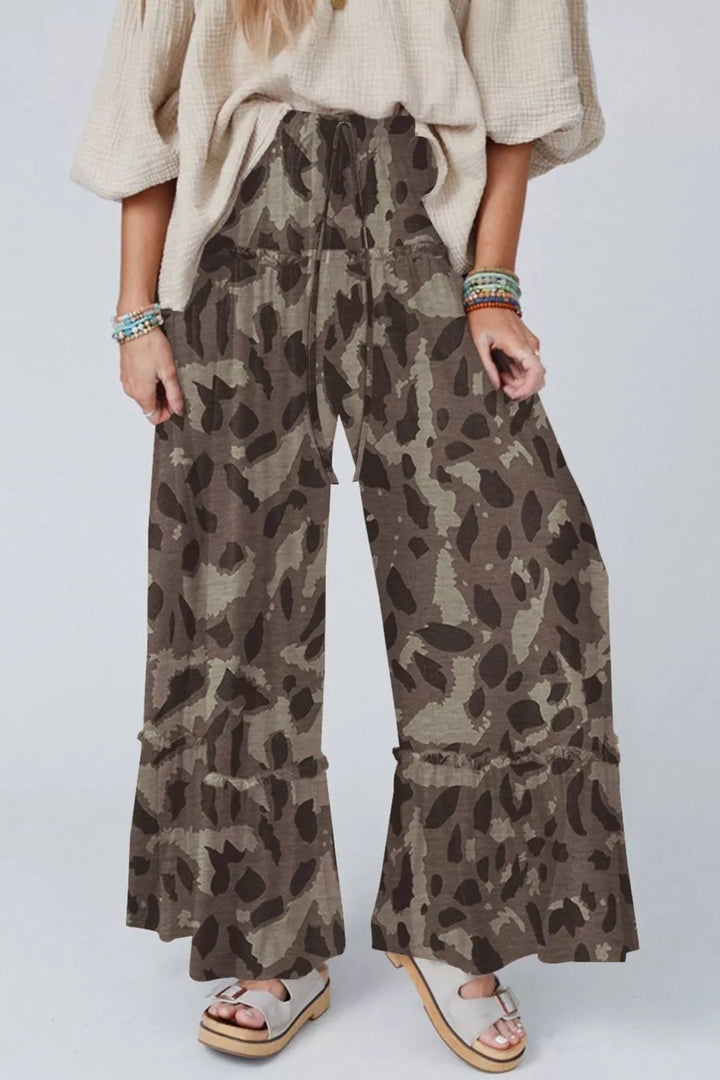 Chocolate Camo print wide-leg pants with drawstring and ruffled hem