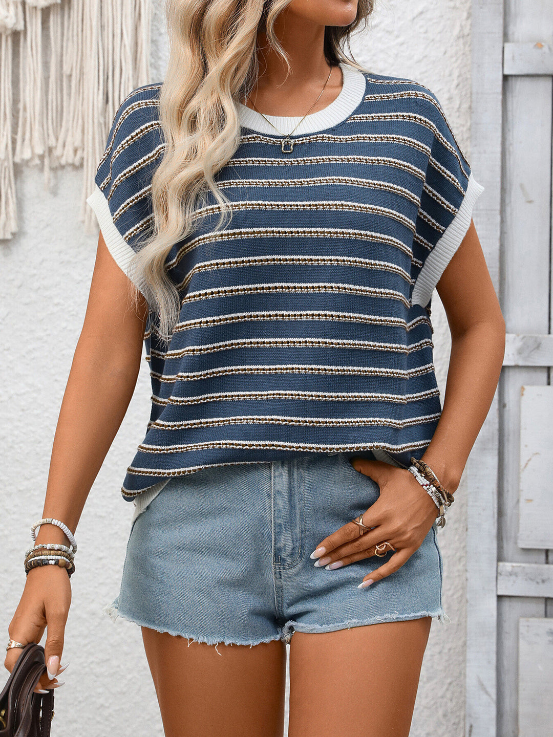 Striped ribbed knit short sleeve sweater top with contrast trim