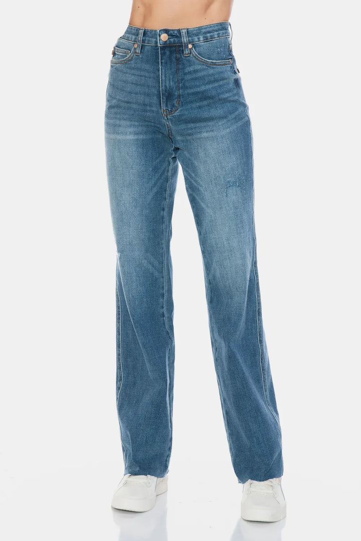 High-rise tummy control straight jeans with raw hem