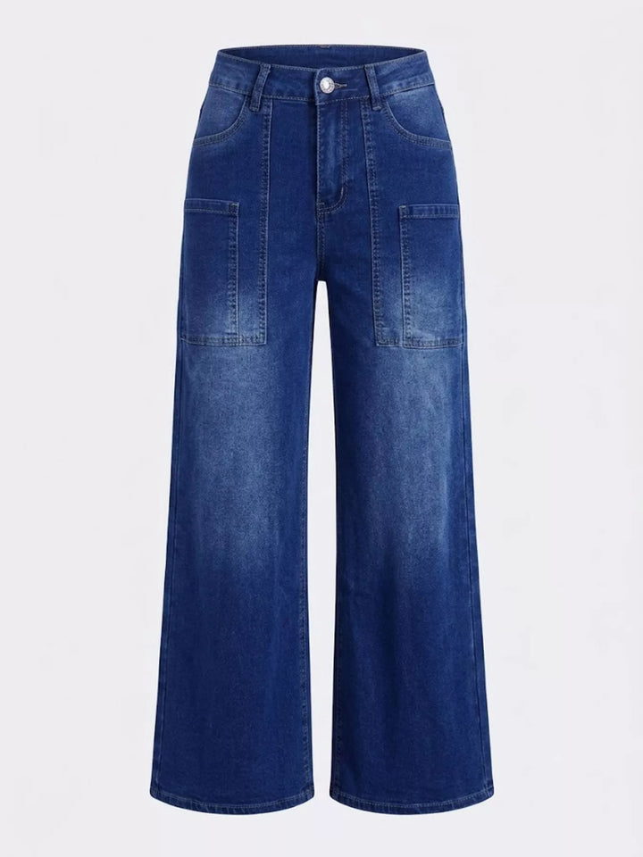 High-rise wide leg jeans with patch pockets - Peacock Blue