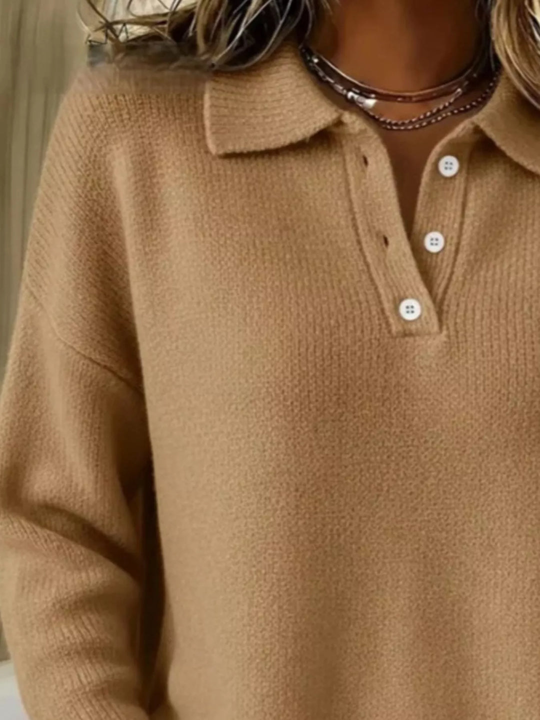 Half-button collar drop-shoulder pullover sweater