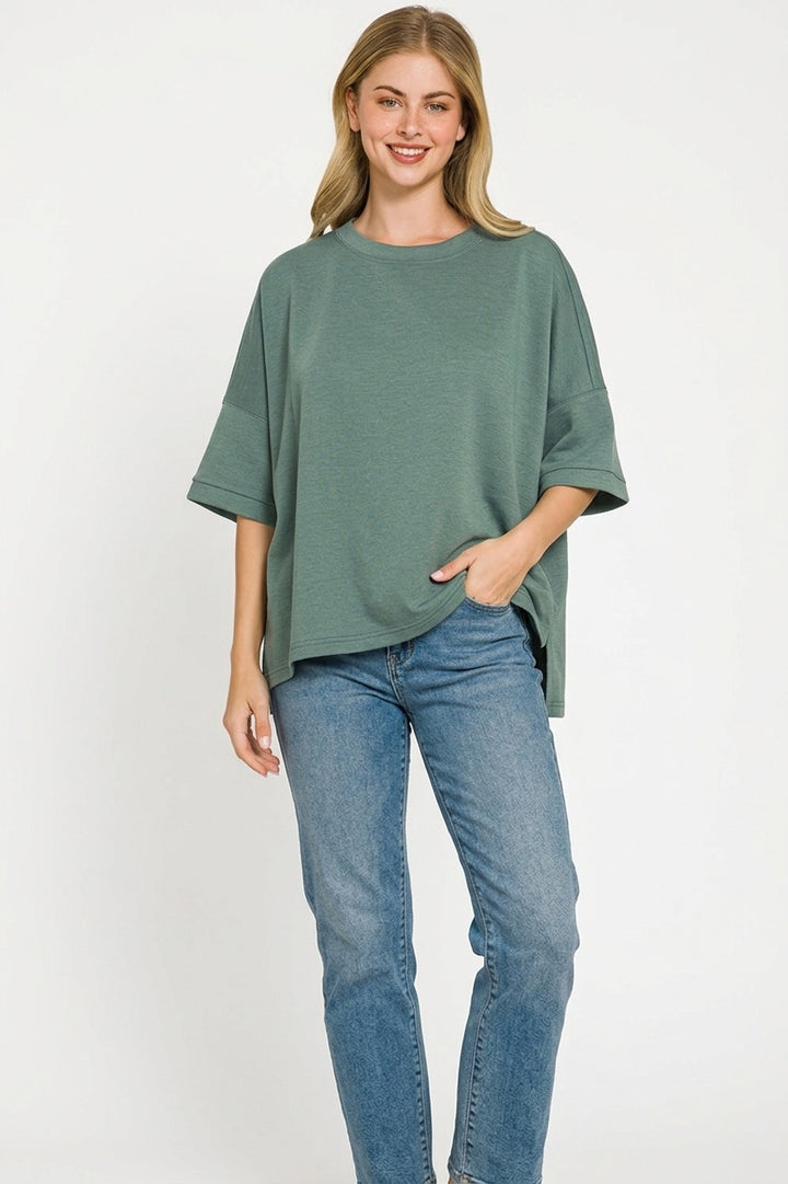 Boxy scuba knit round neck top with side slits