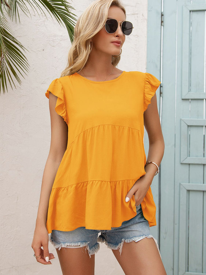 Tangerine Flutter sleeve tiered babydoll blouse with round neck