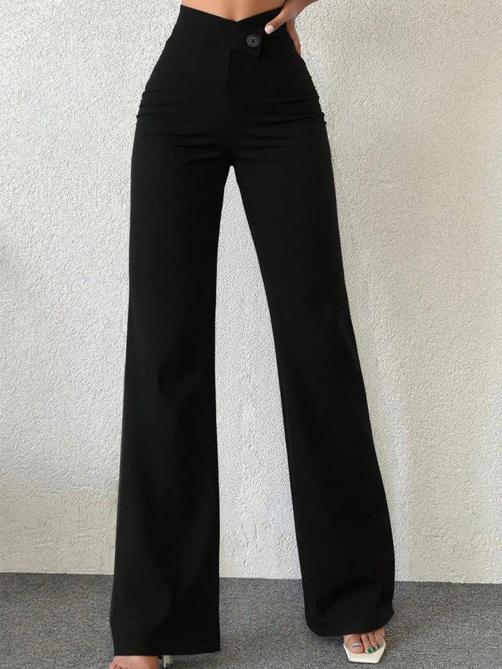 High-rise wide leg pants with crossover button waistband