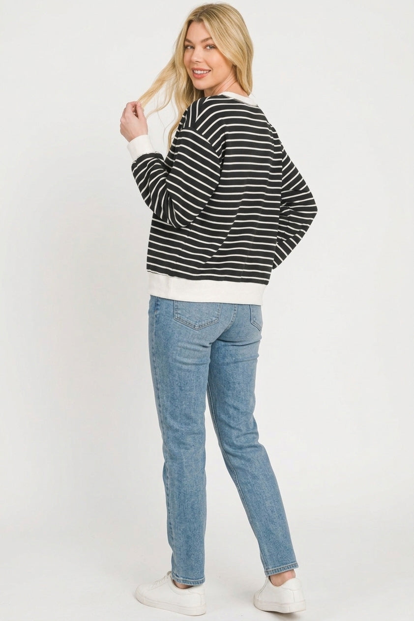 Striped rib-banded crewneck pullover sweatshirt