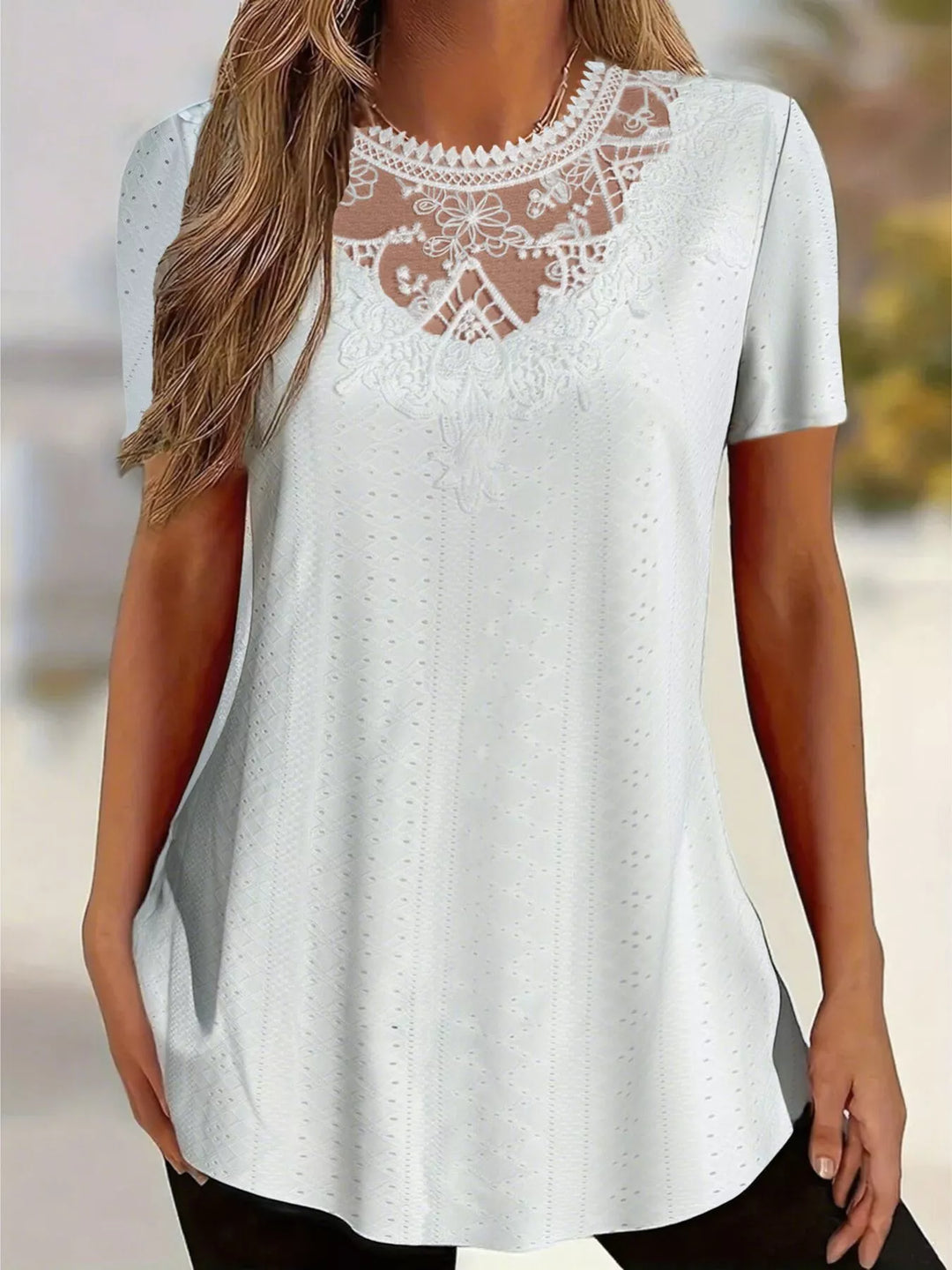Eyelet short sleeve tunic top with floral lace yoke
