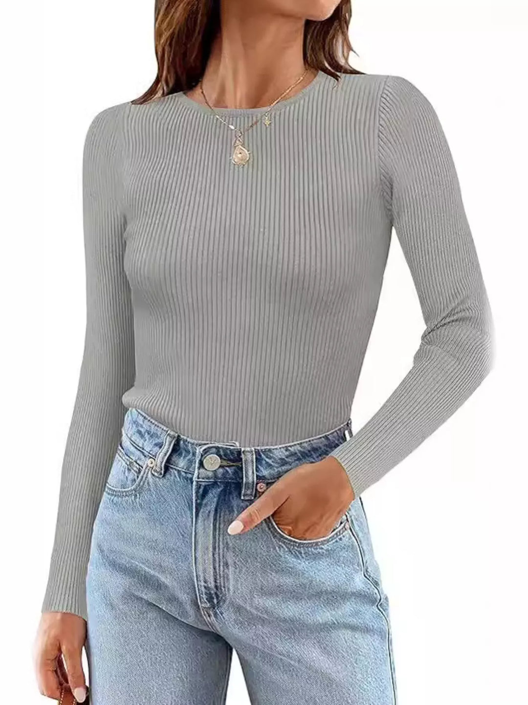 Gray Ribbed knit slim-fit long sleeve crew top