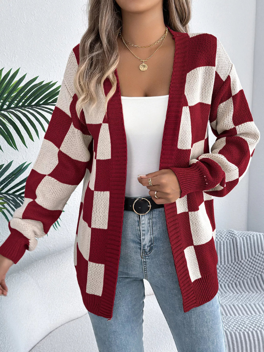 Checkerboard open front knit cardigan with ribbed trim
