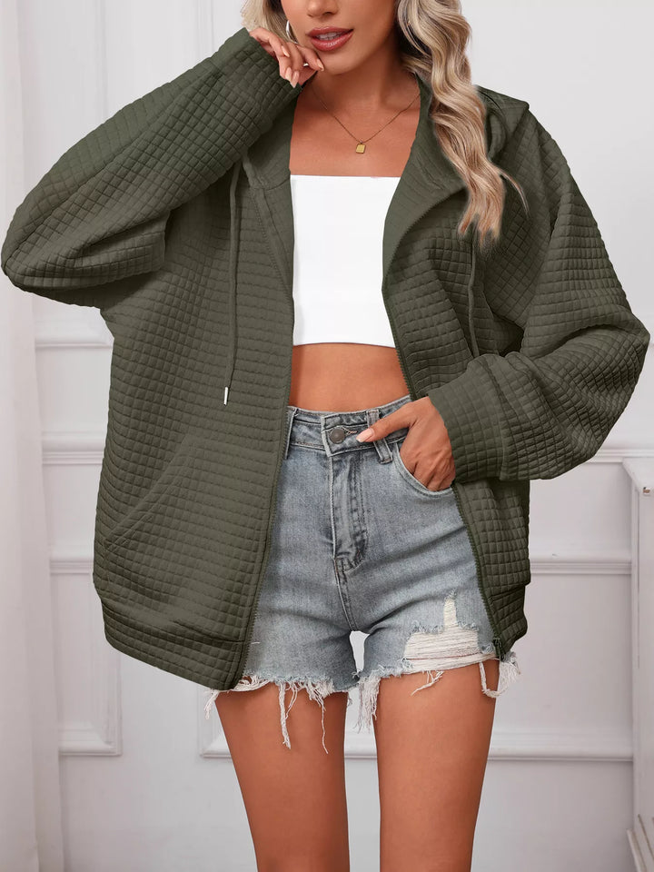 Army Green Textured quilted zip-up hooded jacket with pockets