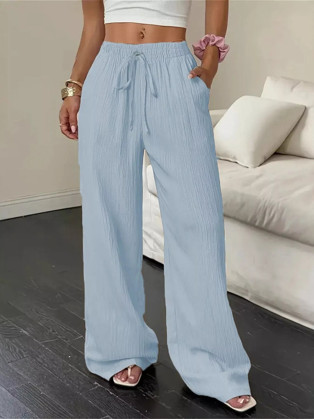 Light Blue Crinkle cotton wide-leg drawstring pants with side pockets