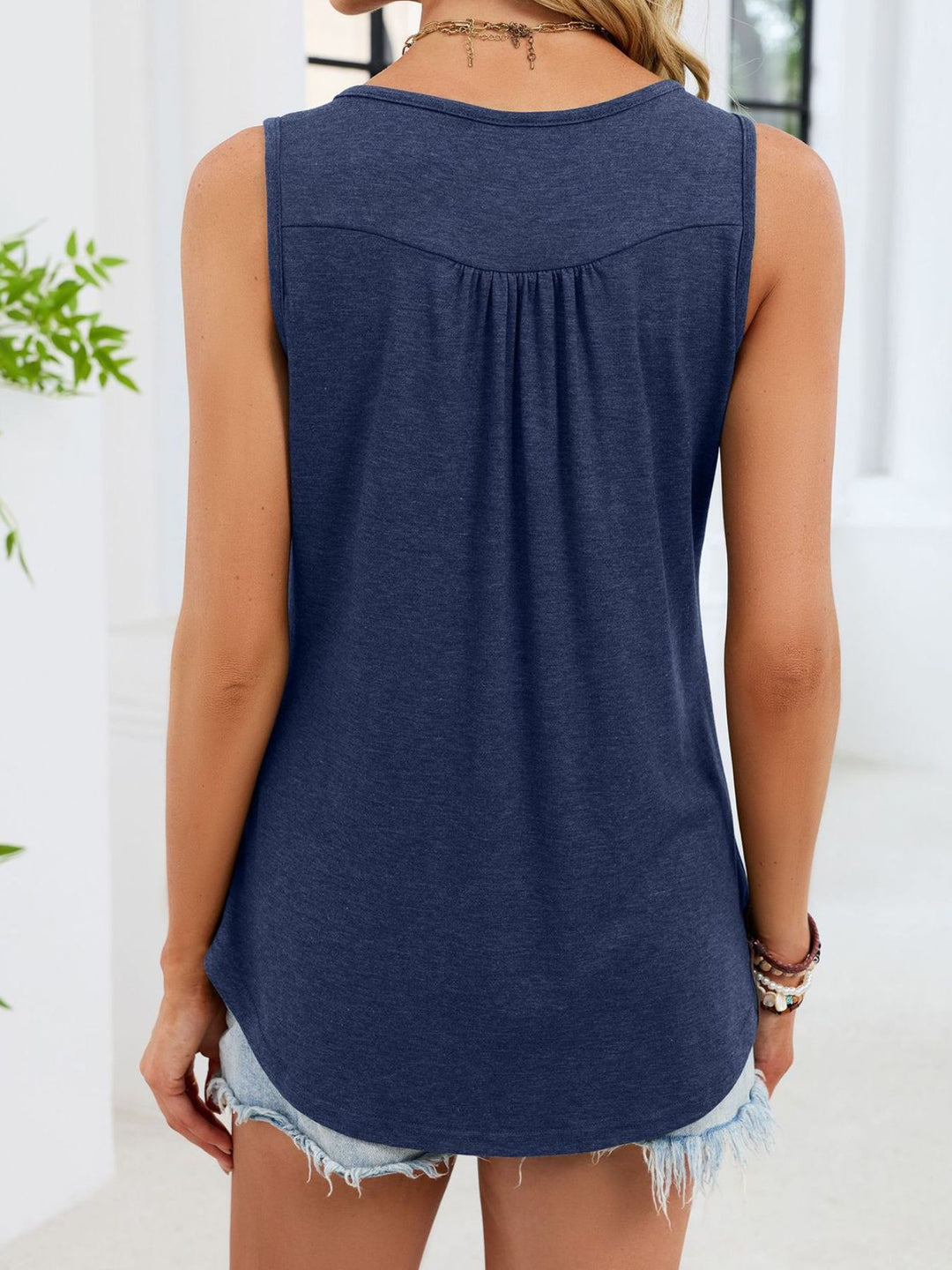 Ruched button-front sleeveless round neck tank top