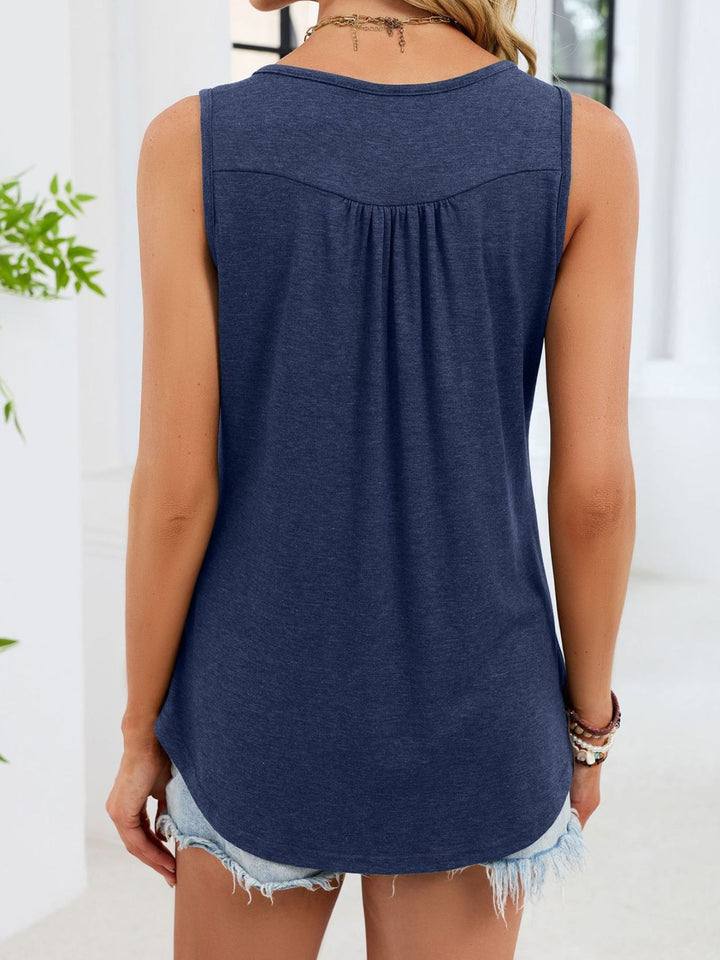 Ruched button-front sleeveless round neck tank top
