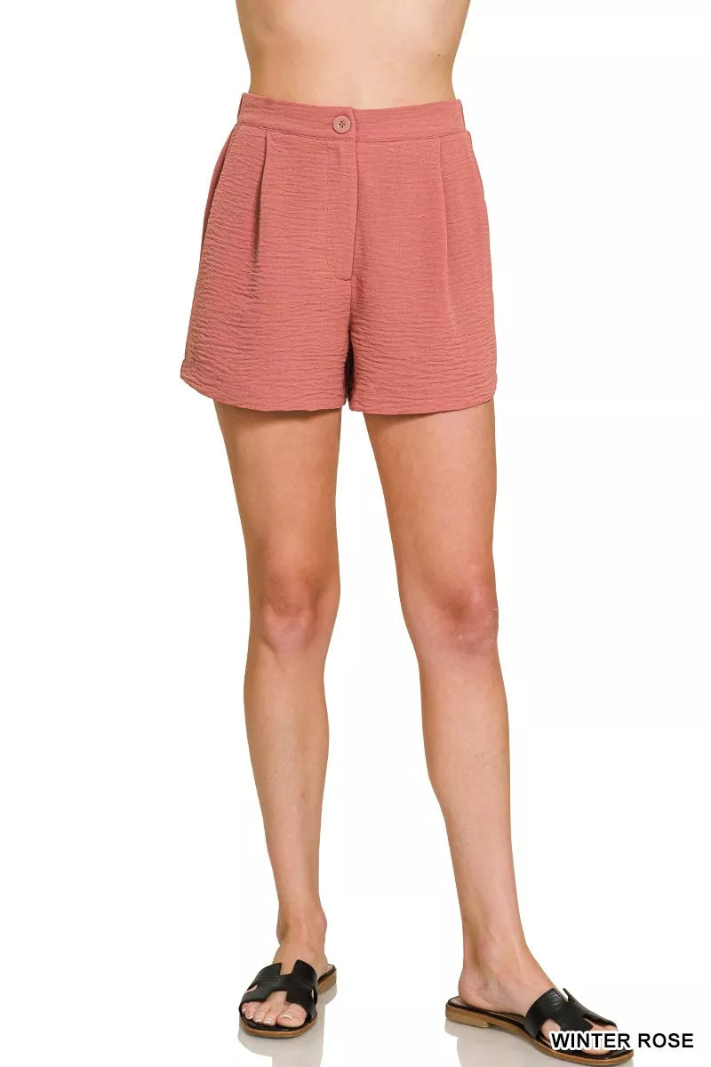 Pleated woven shorts with back elastic waist and pockets
