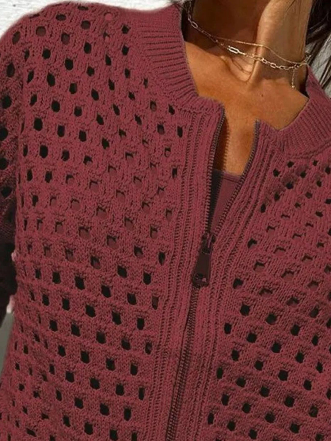 Open-knit zip-up bomber cardigan with ribbed trim