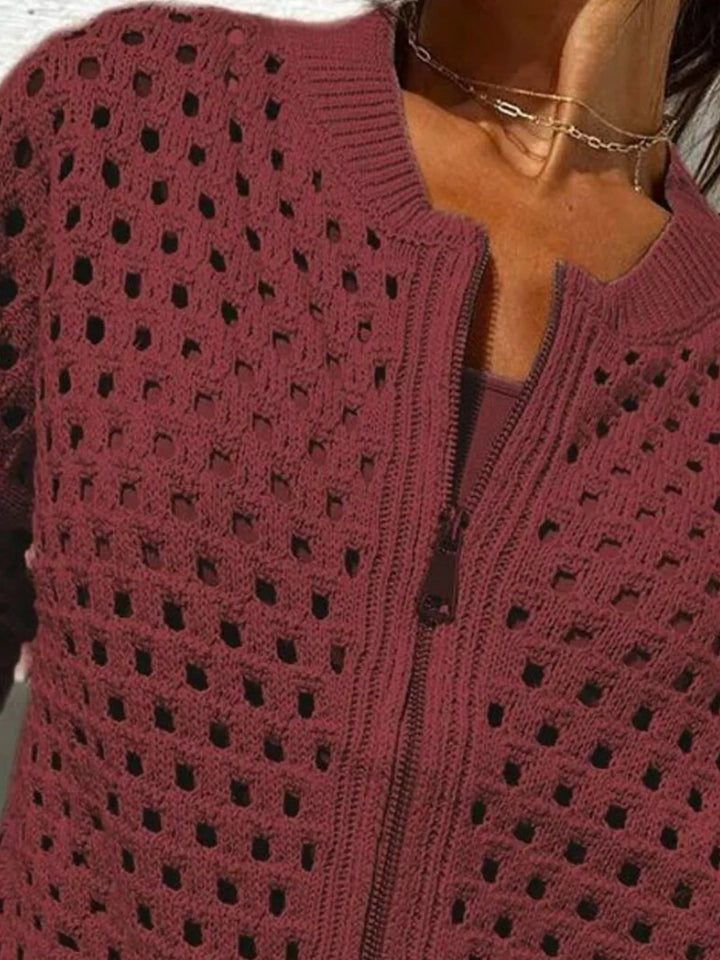 Open-knit zip-up bomber cardigan with ribbed trim