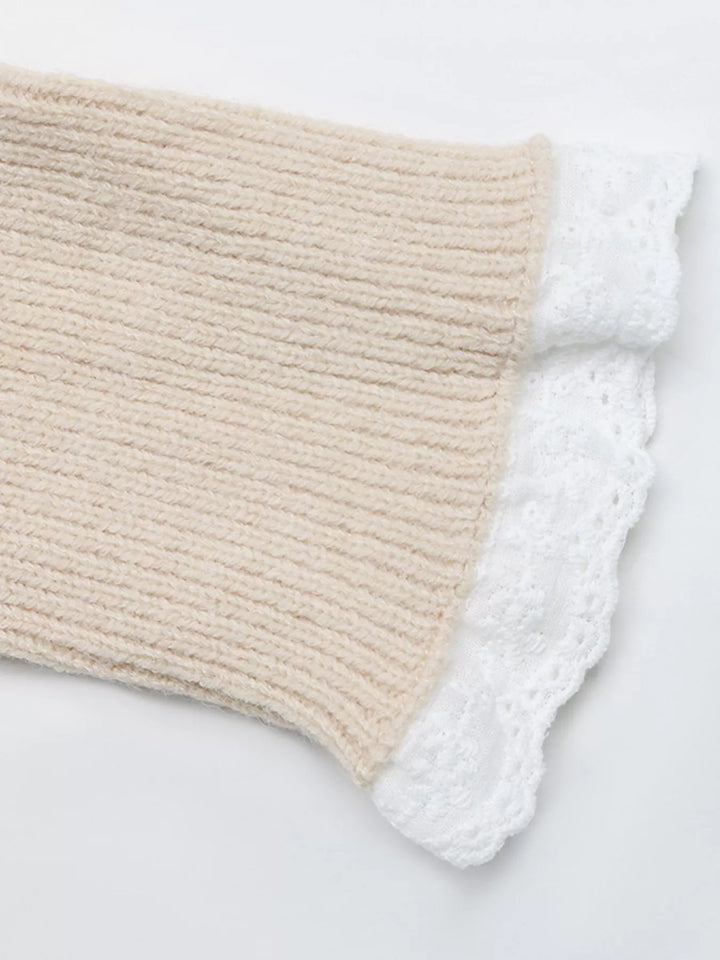 Cable knit raglan sweater dress with lace trim neckline