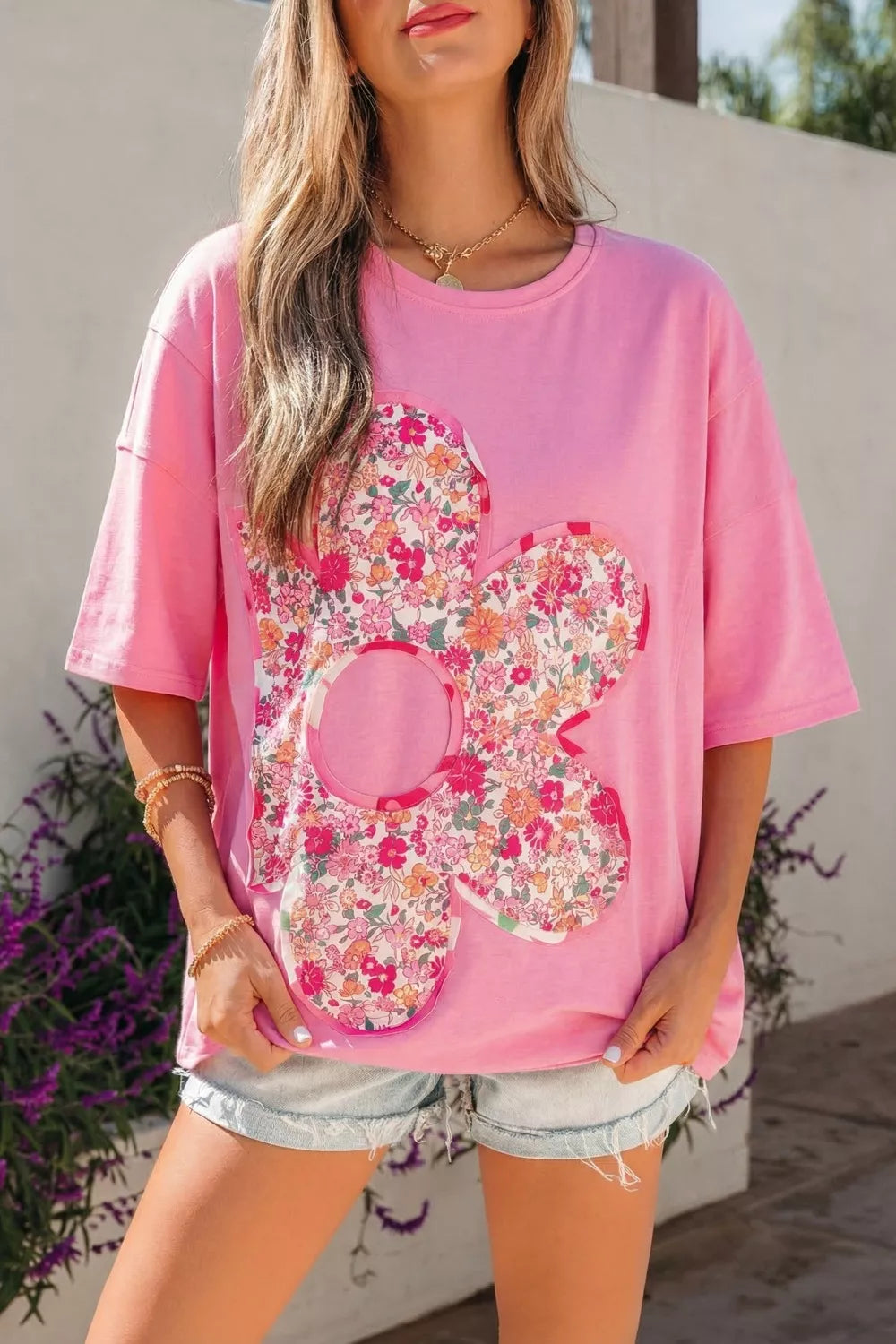 Dusty Pink Oversized floral patch crew neck tunic tee