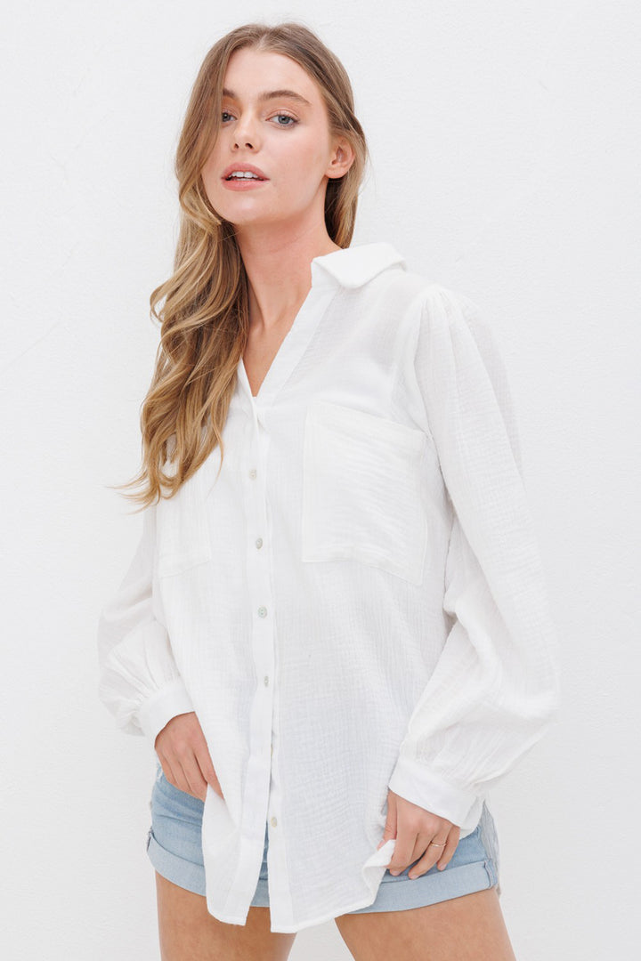 Marseille Textured Gauze Button Down Puff Sleeve Blouse