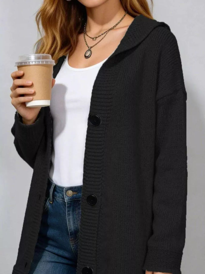 Hooded button-front longline knit cardigan with pockets