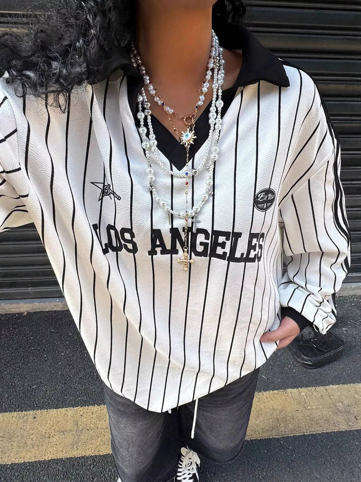 White Striped Los Angeles graphic long sleeve polo top