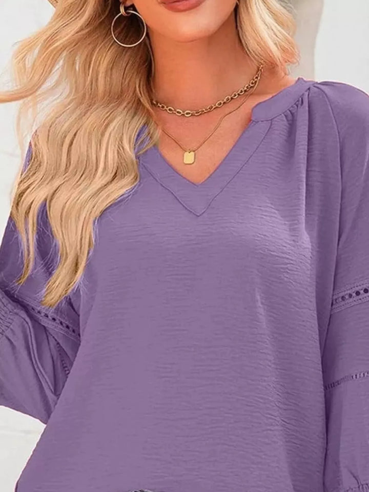 Openwork lace trim blouse with smocked cuffs and split neck