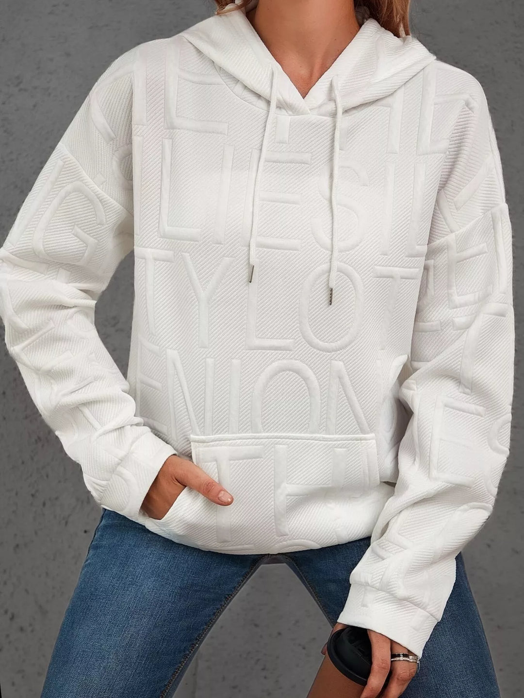 Textured embossed letter pullover hoodie with front pocket