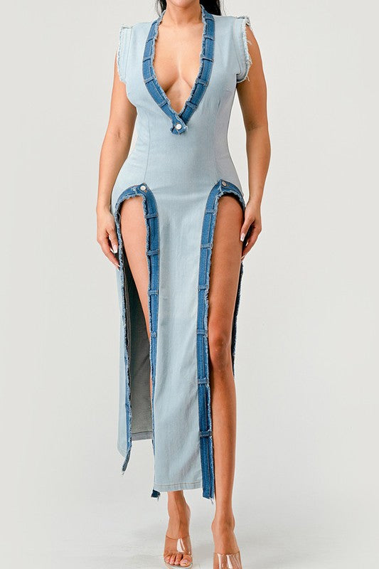 Deconstruct Avant-Garde Denim Pullover Maxi Dress in DENIM - v neck, oversized - front view