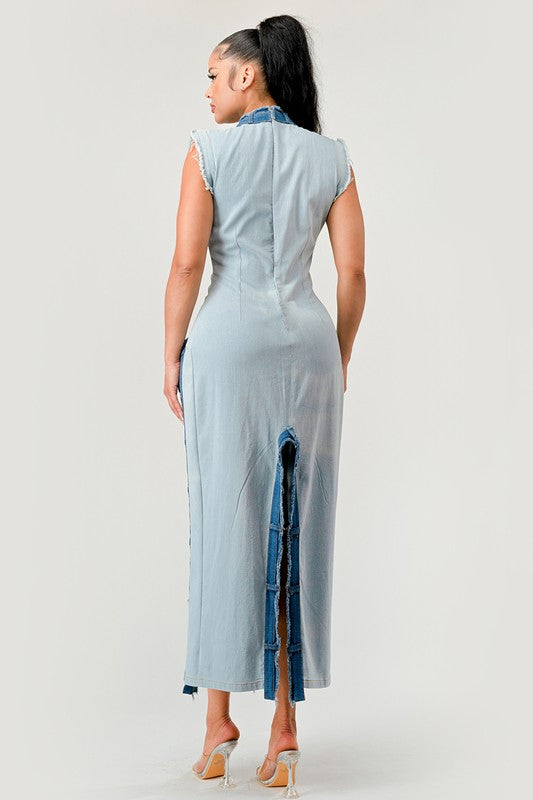 Deconstruct Avant-Garde Denim Pullover Maxi Dress in DENIM - v neck, oversized - view 14