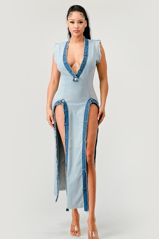 Deconstruct Avant-Garde Denim Pullover Maxi Dress in DENIM - v neck, oversized - alternate view