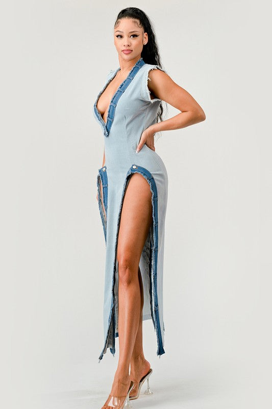 Deconstruct Avant-Garde Denim Pullover Maxi Dress in DENIM - v neck, oversized - view 21