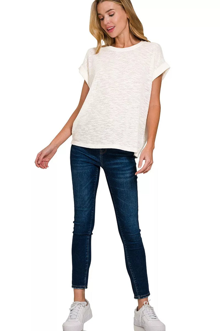 Relaxed hacci slub knit tee with rolled sleeves
