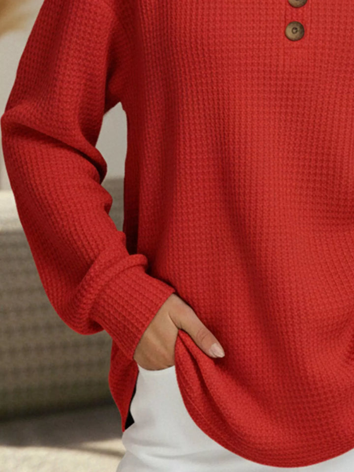 Waffle-knit long sleeve henley top with buttoned V-neck