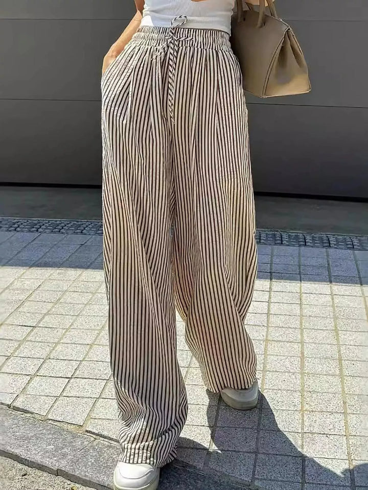 Striped wide-leg drawstring pants with side pockets