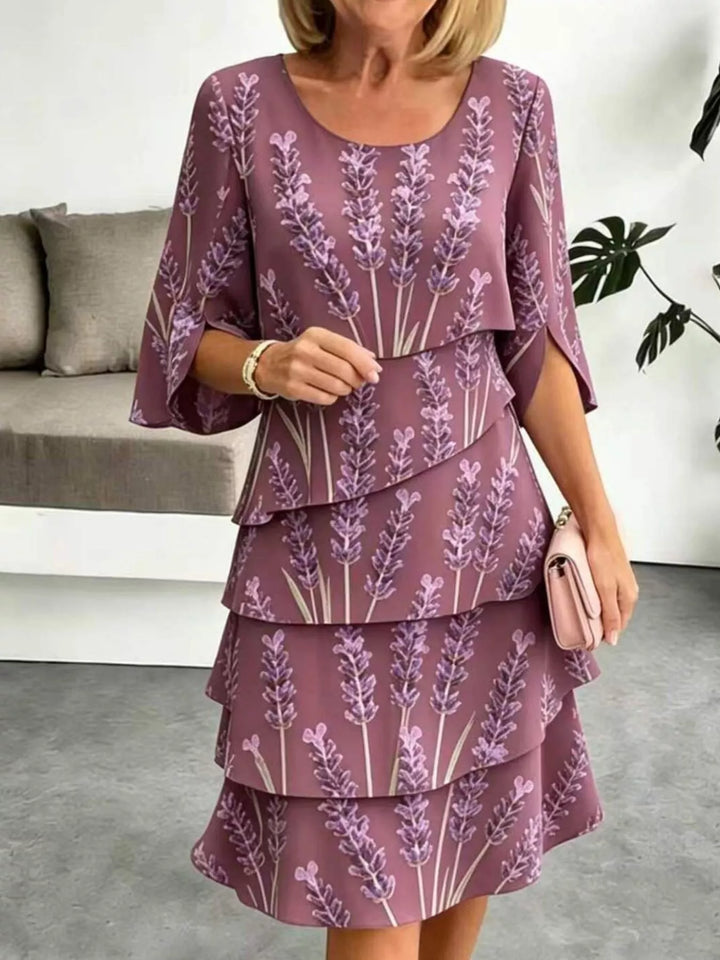 Light Purple Tiered floral print midi dress with flutter sleeves