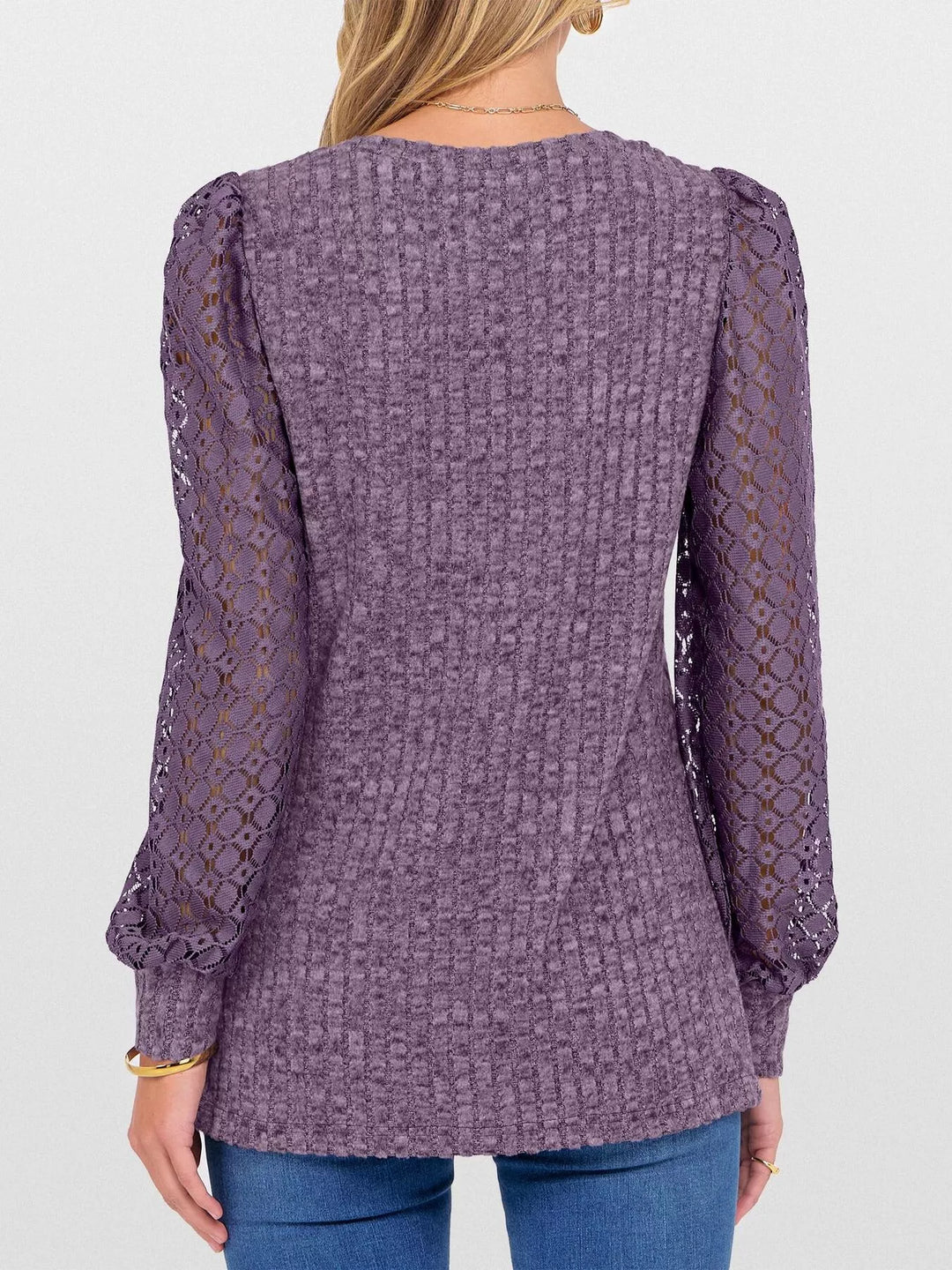 Sheer lace sleeve ribbed knit V-neck top