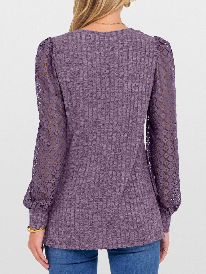 Sheer lace sleeve ribbed knit V-neck top