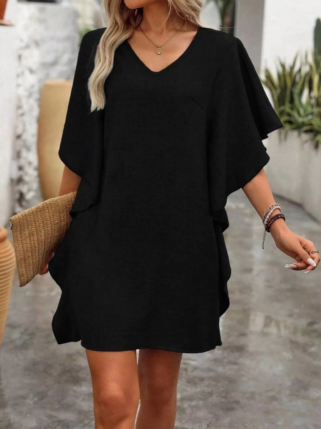 Black Flutter sleeve V-neck relaxed mini shift dress