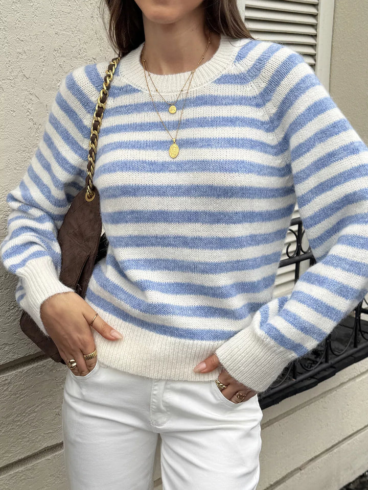 Brushed wool-blend striped sweater with curved split hem