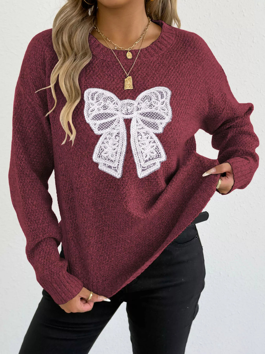 Wine Red Lace bow applique crew neck knit sweater