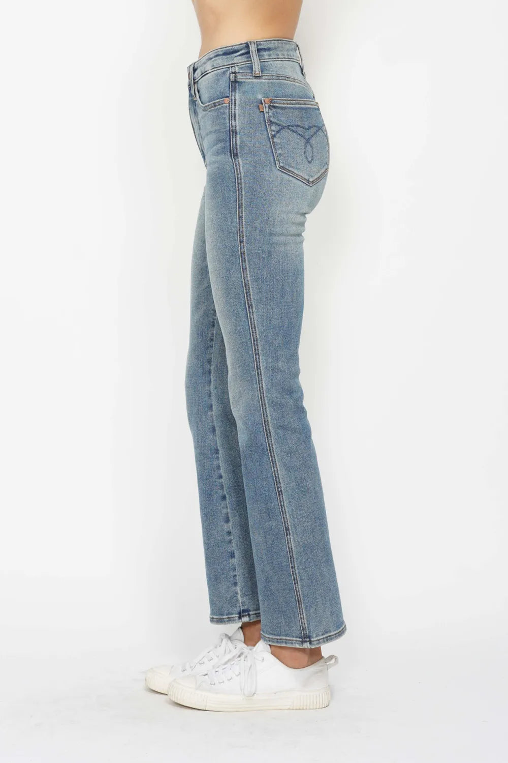 High-rise tummy control bootcut jeans with embroidered pockets