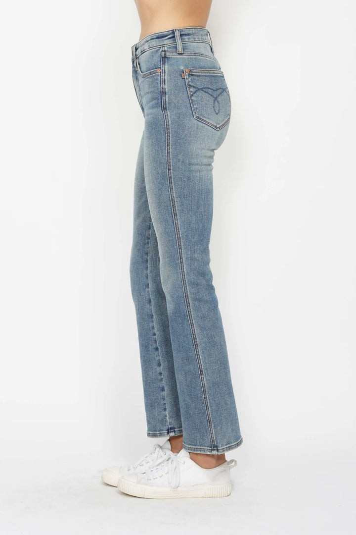 High-rise tummy control bootcut jeans with embroidered pockets
