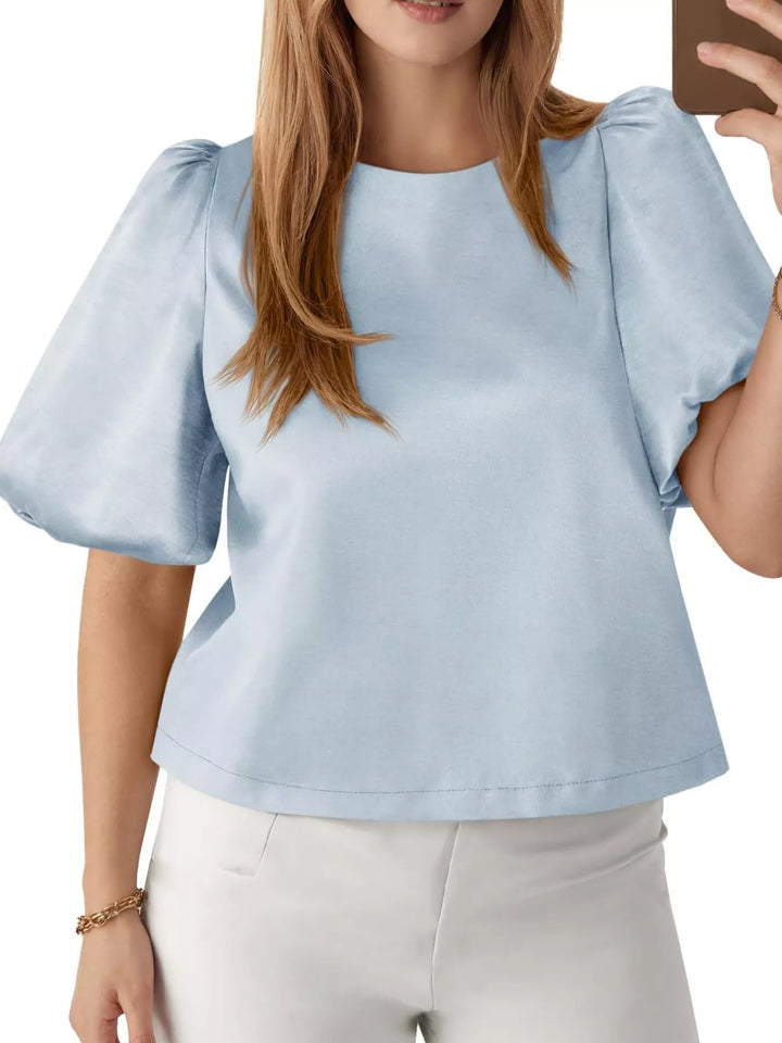 Light Blue Short puff sleeve satin top with round neck