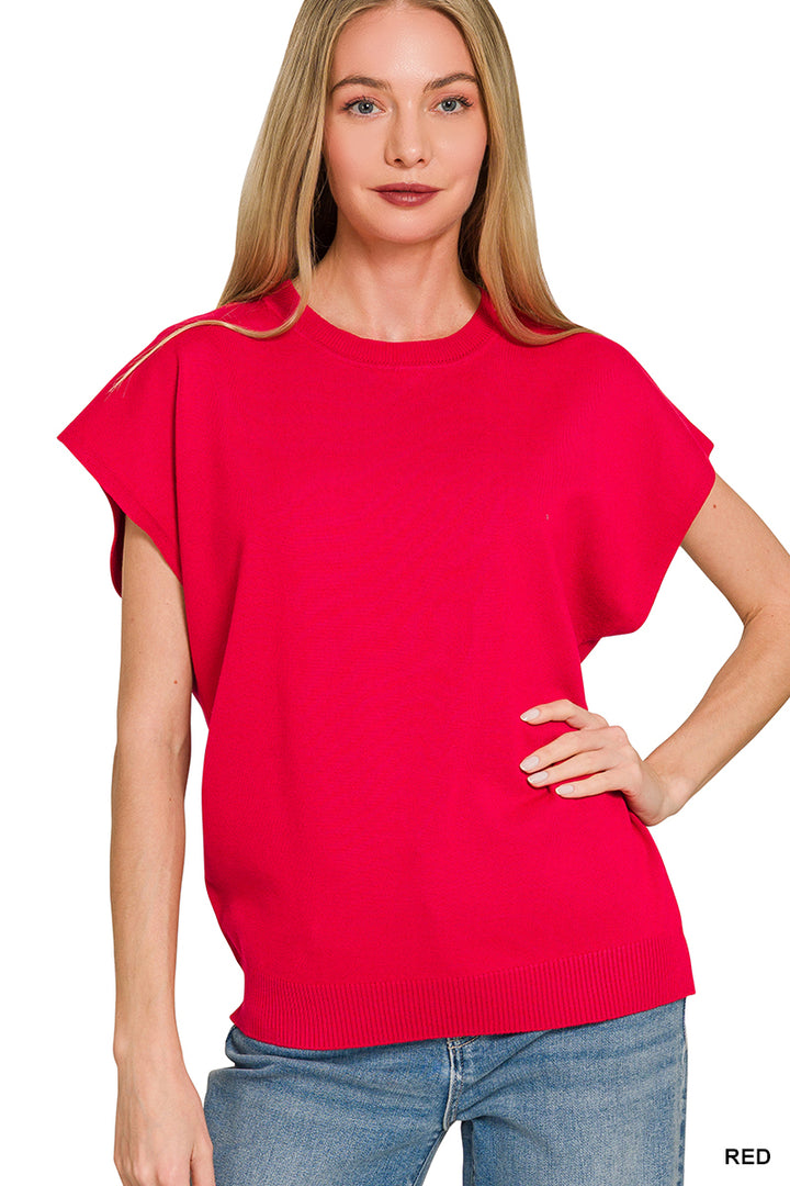 Short sleeve knit sweater top with ribbed crew neck
