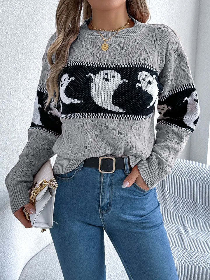 Gray Ghost knit crew neck sweater with cable textured sleeves