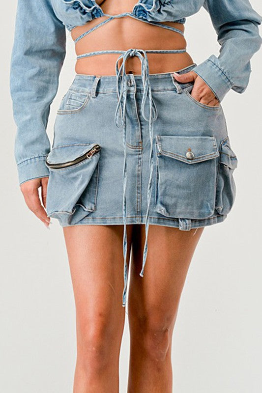 Denim Daze Wrap Skirt in DENIM - denim, pocket - front view