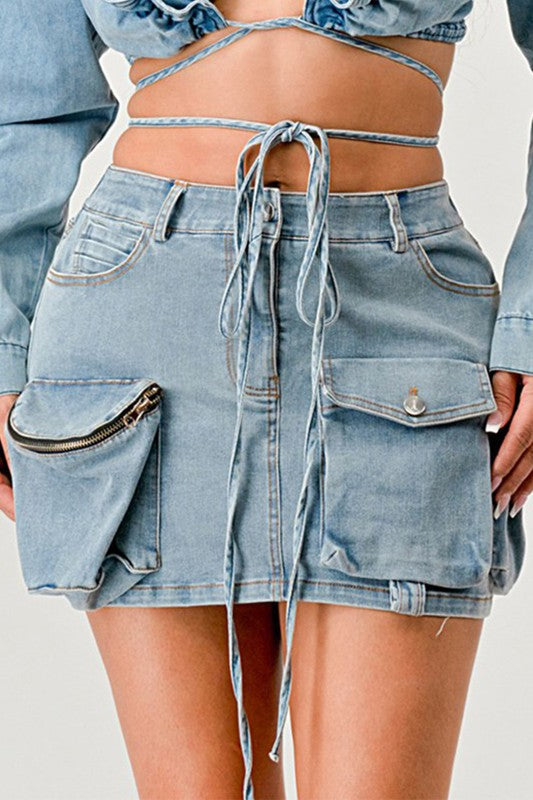 Denim Daze Wrap Skirt in DENIM - denim, pocket - alternate view
