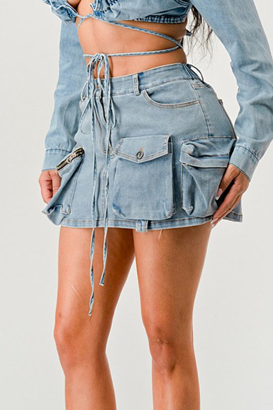 Denim Daze Wrap Skirt in DENIM - denim, pocket - detail view