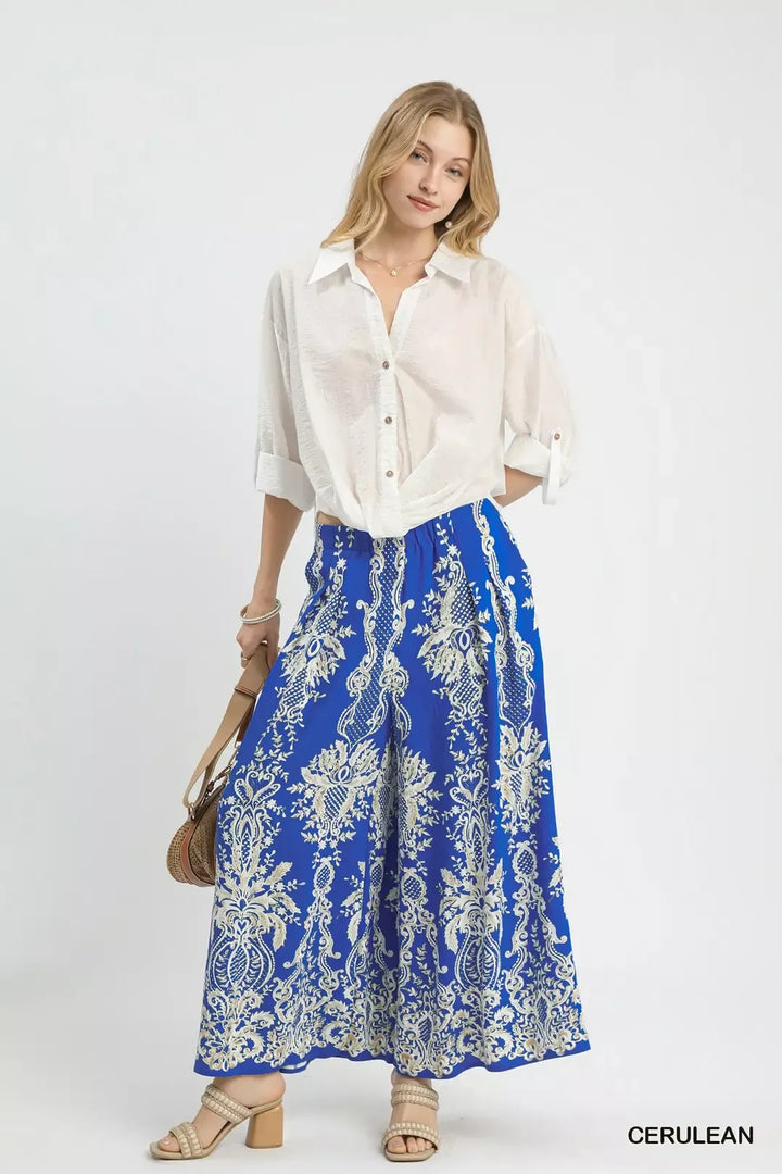 Border print wide leg pants with elastic waist and pockets