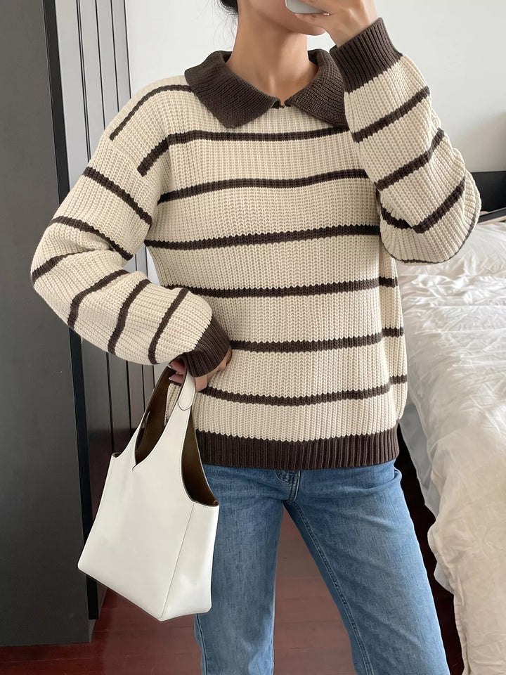 Tan Striped waffle knit polo sweater with contrast collar